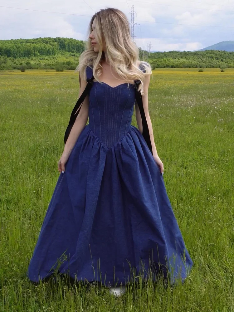 Denim Corset Black Ribbon Straps Dress