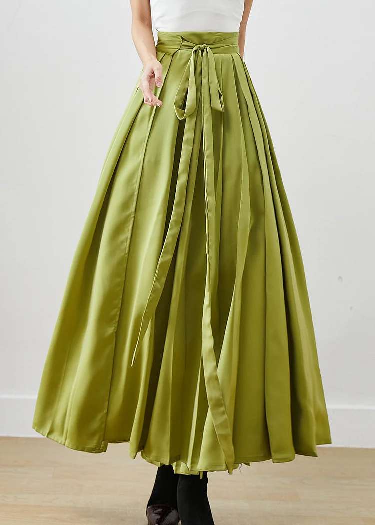 DIY Grass Green Tie Waist Silk A Line Skirts Fall