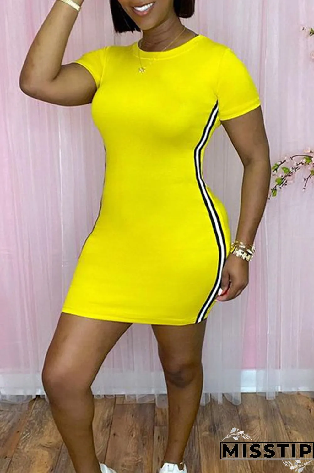 Pink Fashion Casual Solid Patchwork O Neck Short Sleeve Dress