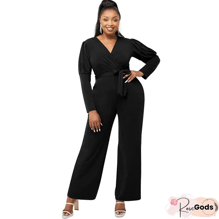 Autumn and Winter Solid Color V-Neck Bubble Sleeve Personalized Casual Wide Leg Jumpsuit