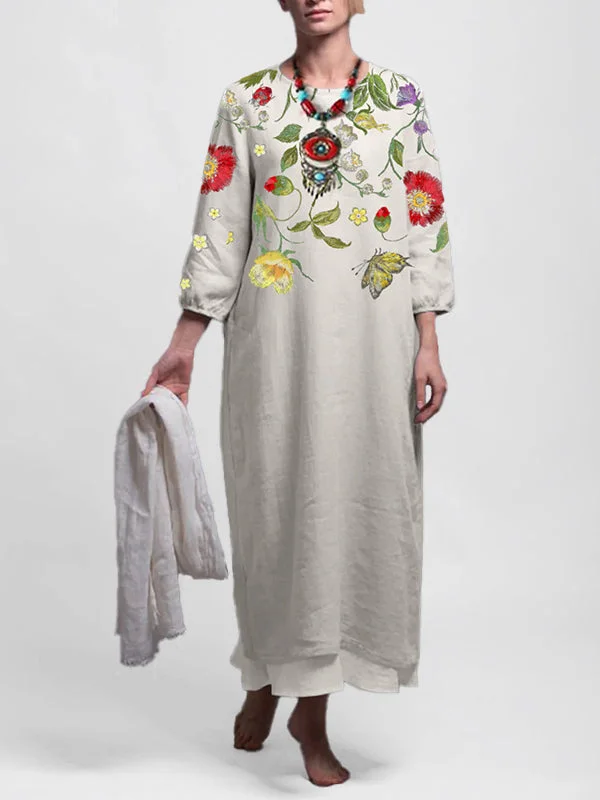 Womens Floral Print Quarter Sleeve Midi Dress