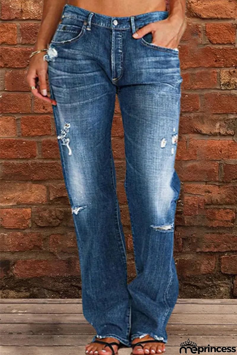 Casual Street Patchwork Ripped Straight Denim Jeans