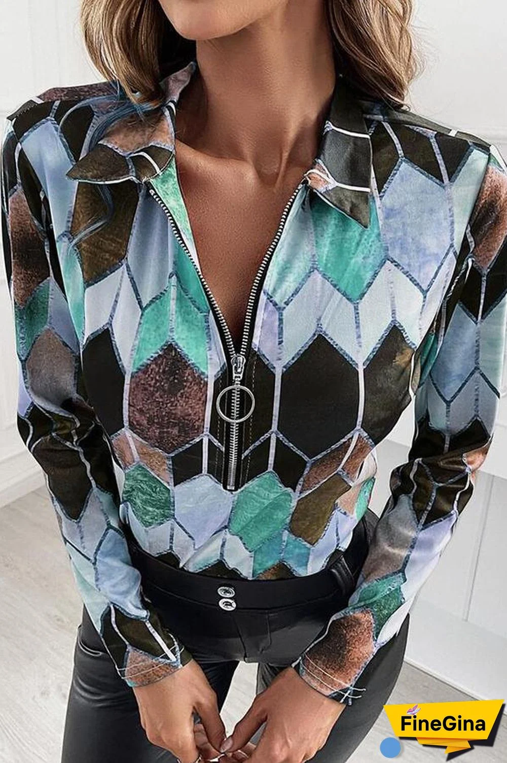 Geometric Print V Neck Zipper Blouse