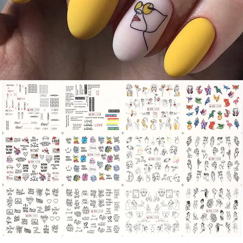 12 Designs Nail Stickers Set Snowflake Floral Geometric Nail Art Water Transfer Decals Sliders Flower Leaf Manicures Decoration