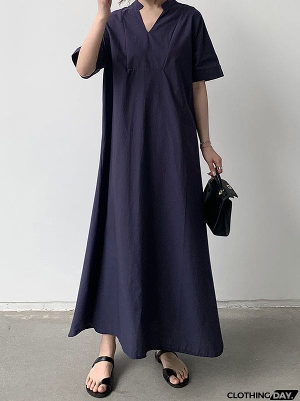 Loose Short Sleeves Solid Color V-Neck Maxi Dresses