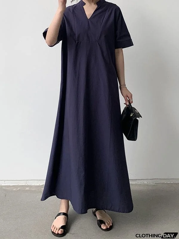 Loose Short Sleeves Solid Color V-Neck Maxi Dresses
