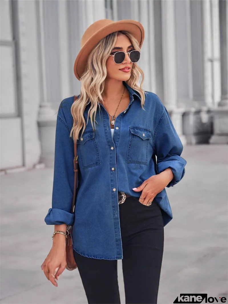 Long Sleeve Loose Pocket Denim Top Shirt