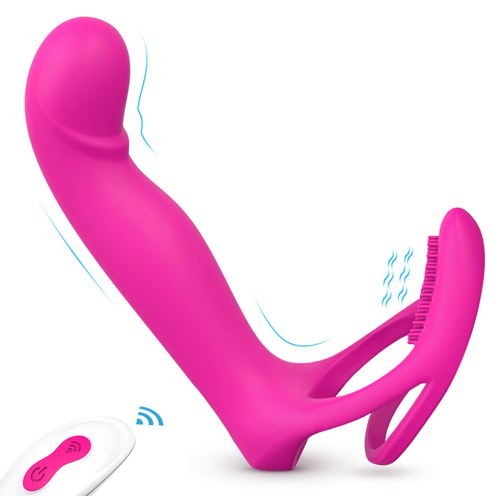 Remote Control Vibrating Strap on with Penis Rings for Couples - Rose Toy