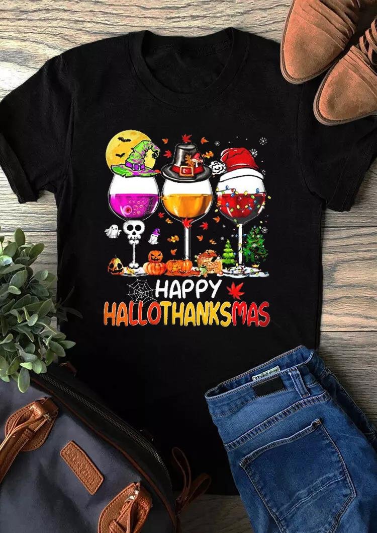 Women's Happy Hallothanksmas Wine Print T-Shirt