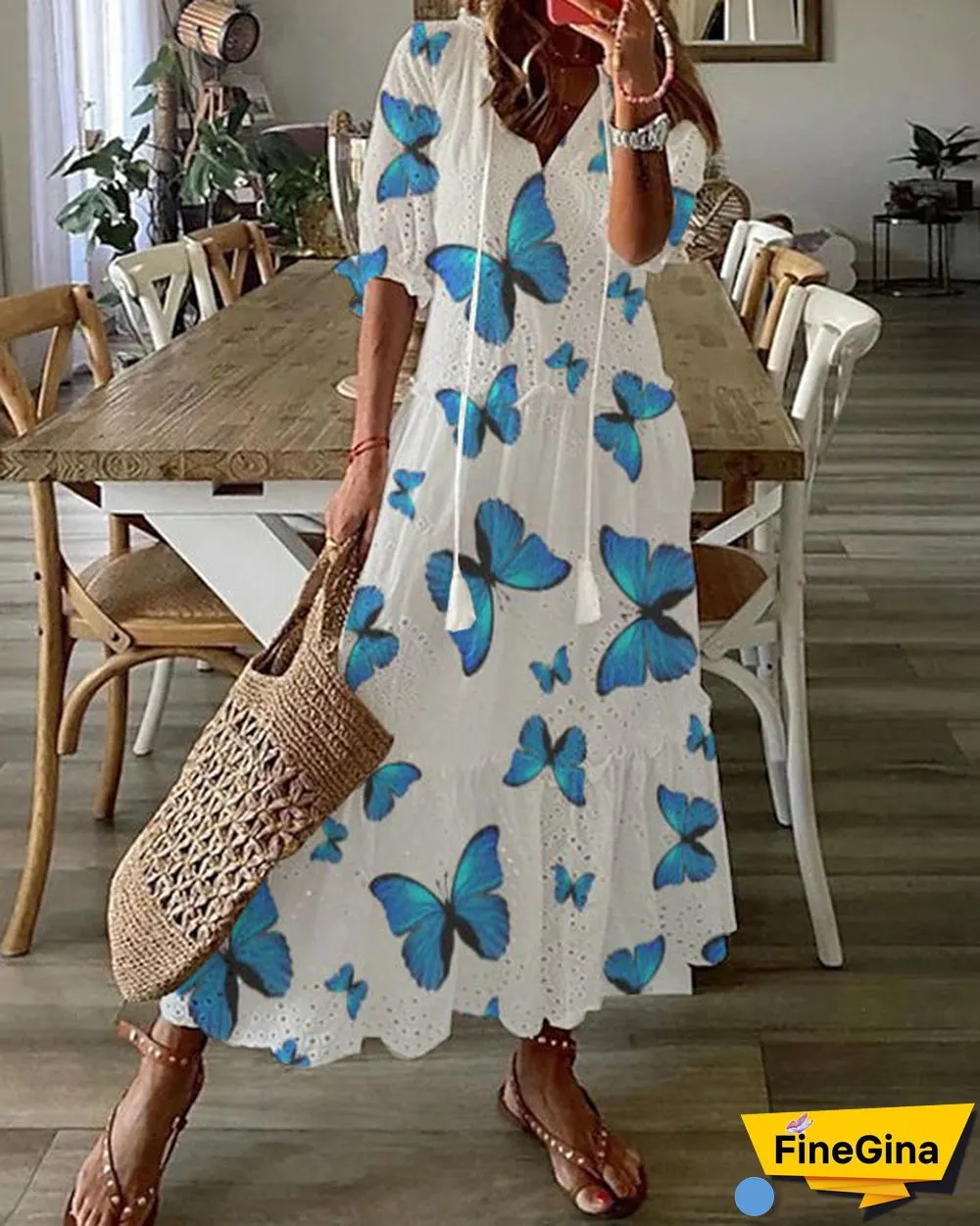 Bohemian V-Neck Print Drawstring Short Sleeve Midi Dress