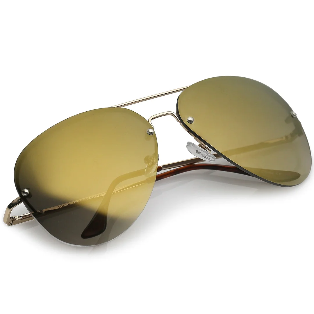 Oversize Rimless Aviator glasses Teardrop Mirrored Lens Metal Slim Arms 65mm