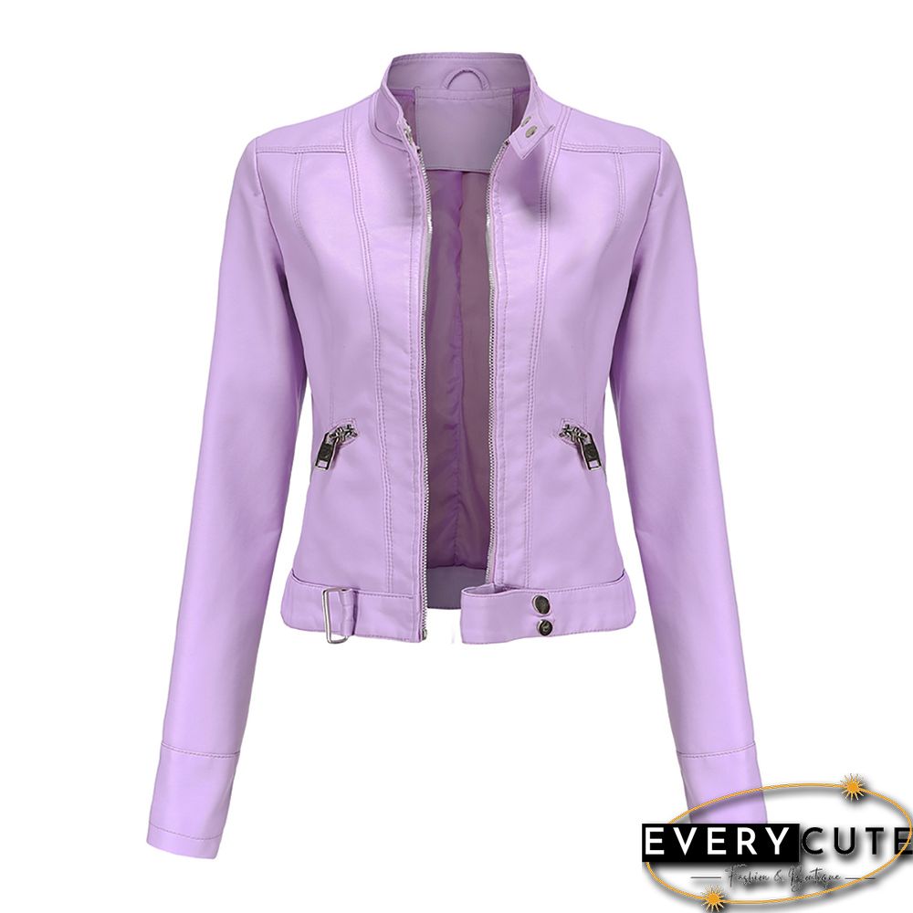 Light Purple PU Stand Collar Short Leather Jacket