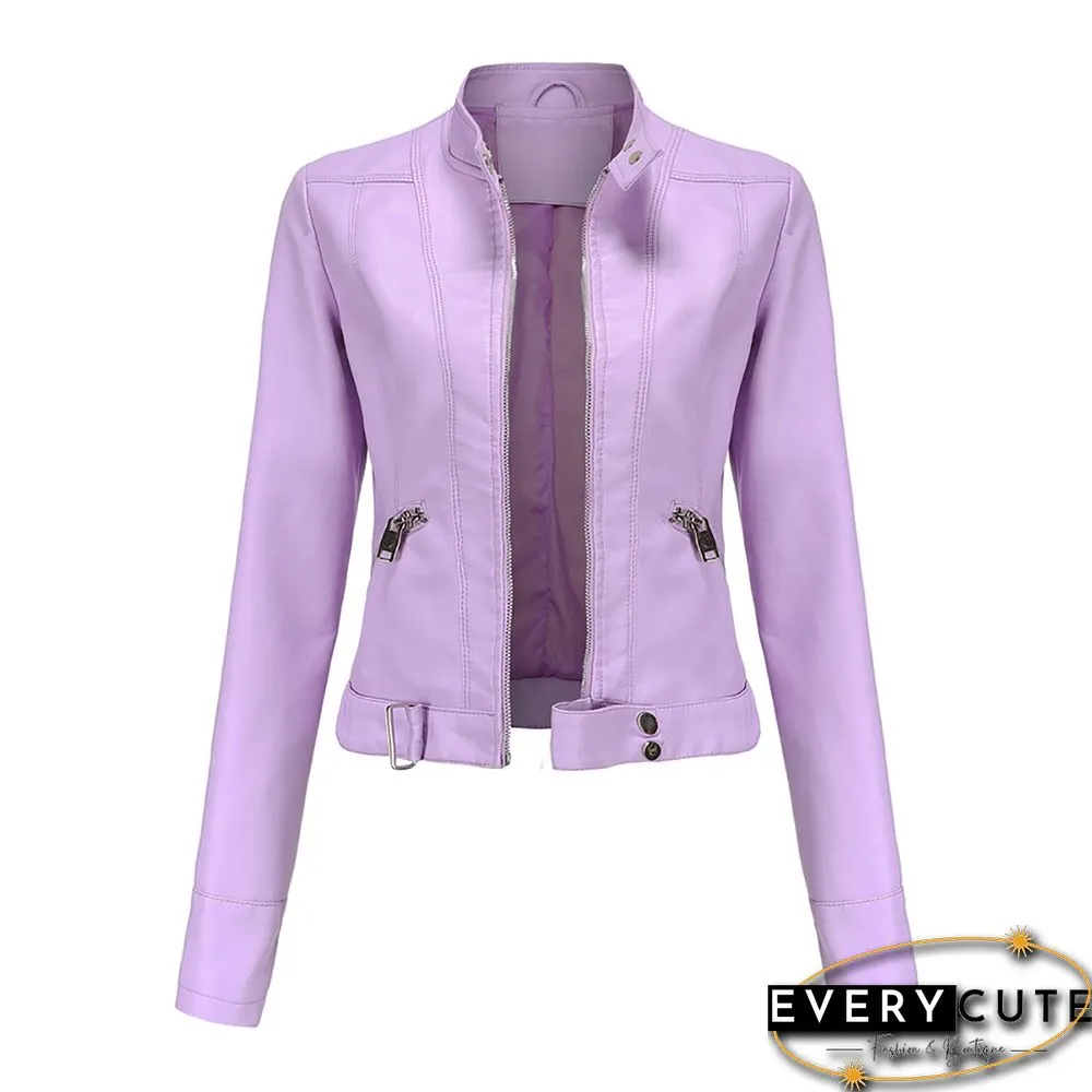 Light Purple PU Stand Collar Short Leather Jacket