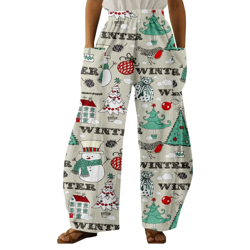Christmas White Print Vintage Slacks--05