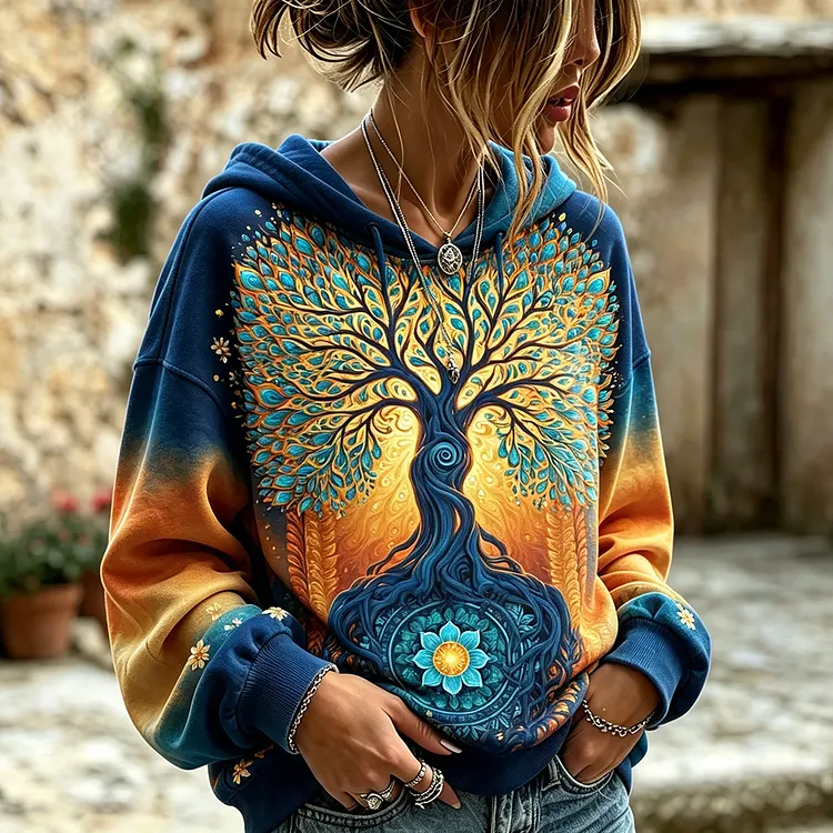 Women's Psychedelic Cosmic Tree Of Life Graphic Hoodie With Blue-to-orange Gradient