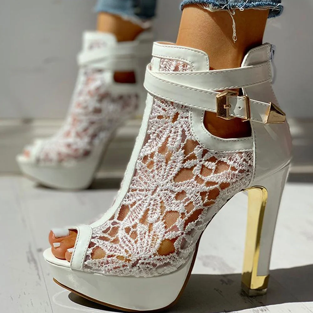 2020 New Ladies High Heels Belt Buckle Peep Toe Hollow Platform Sandals Shoes Woman Party  Summer Boot Big Size 35-42