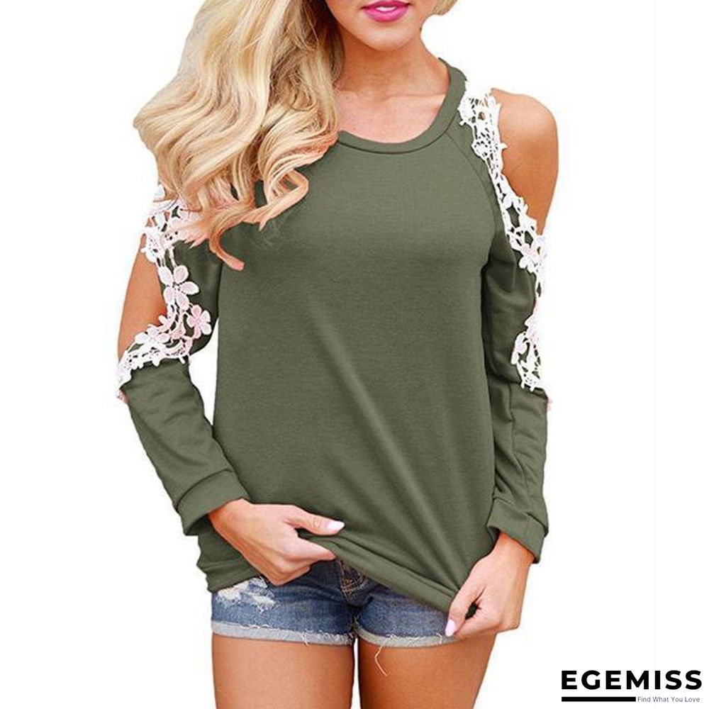 Women Cold Shoulder Long Sleeve Lace Blouse Causal Loose Solid Tops Tees | EGEMISS