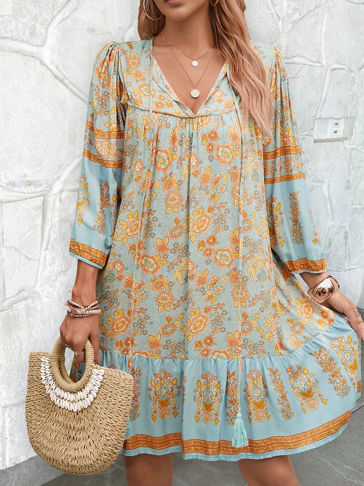 Women's Summer Bohemian Dress V-Neck Long Sleeve Floral Print Mini Dress