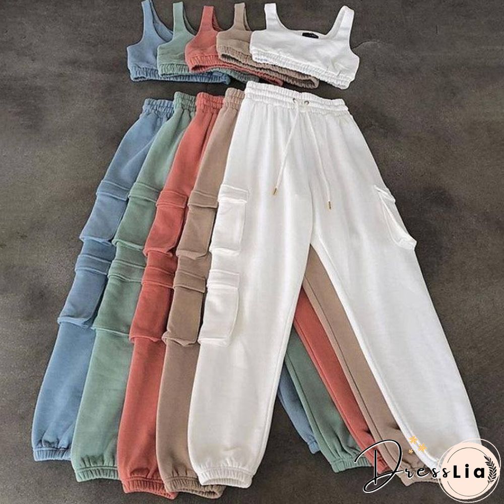2 Piece Women Sports Casual Set Sweatshirt Crop Tops Pocket Sweatpants Baggy Pants Tracksuit Streetwear Joggers Summer Outfits