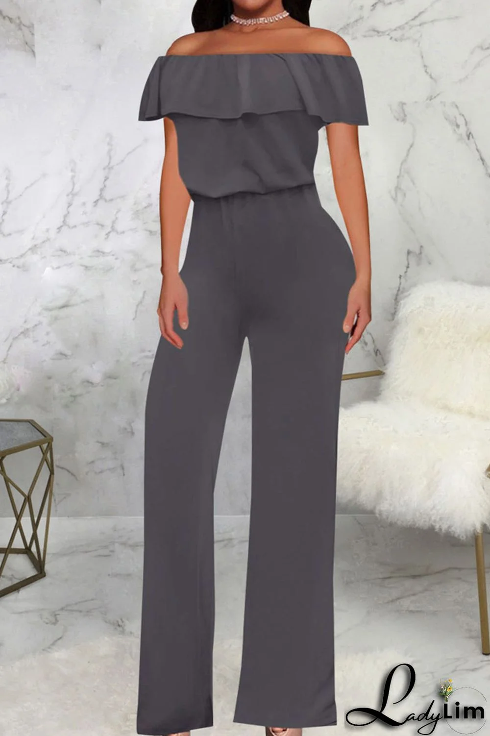 Grey Casual Solid Patchwork Flounce Off the Shoulder Straight Jumpsuits