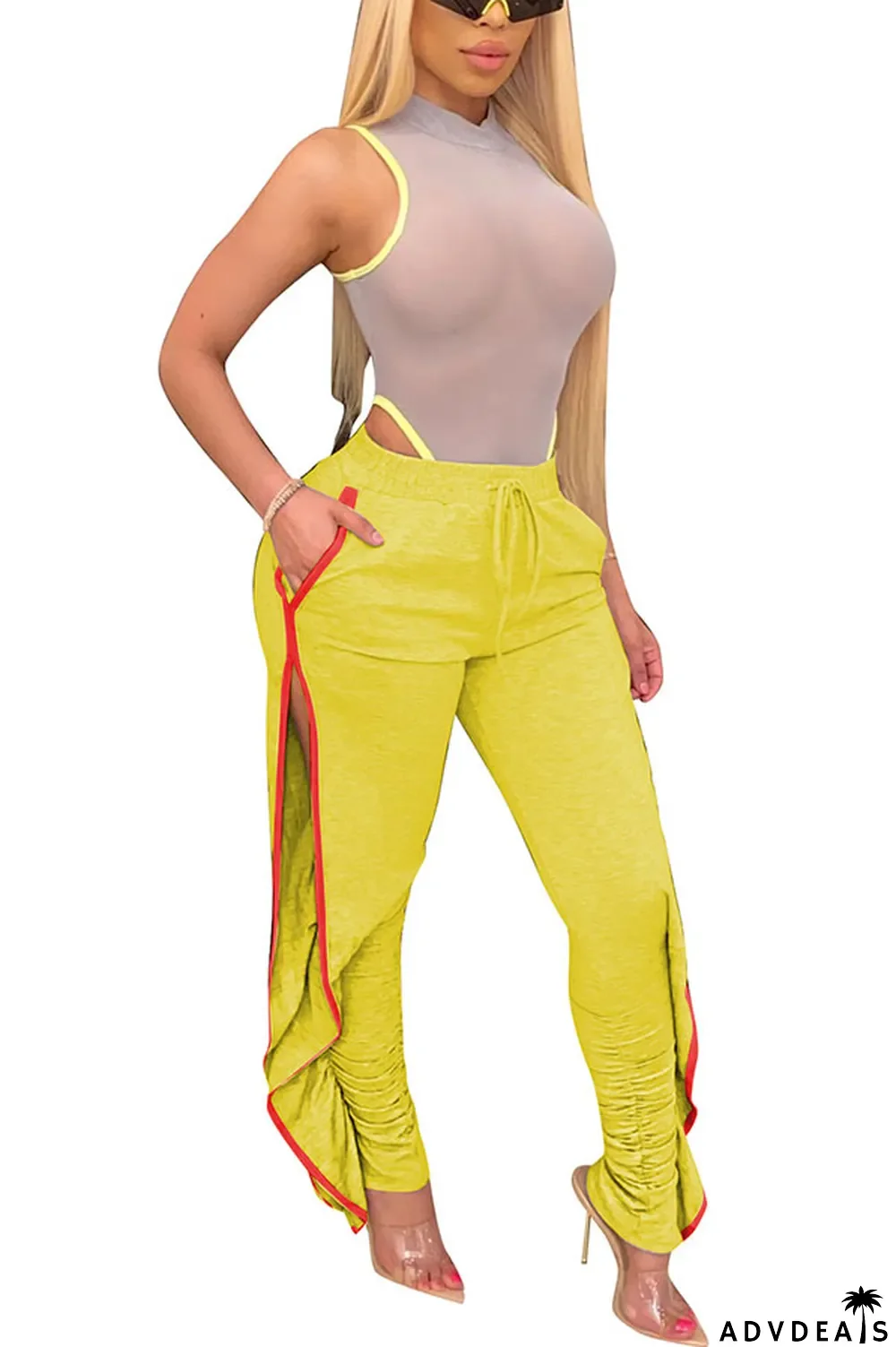 Grey Black Grey Blue Green Yellow Cotton Drawstring Sleeveless Mid Patchwork Solid Split Draped Straight Pants Bottoms