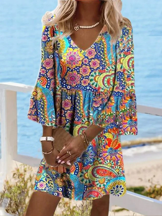 Women's Shift beach dresses Knee Length beach dresses Floral Smocked Ruffle Print Fall Spring Hot Casual Boho Flare Cuff Sleeve Regular Fit V Neck Tribal Short Sleeve beach dresses 2023