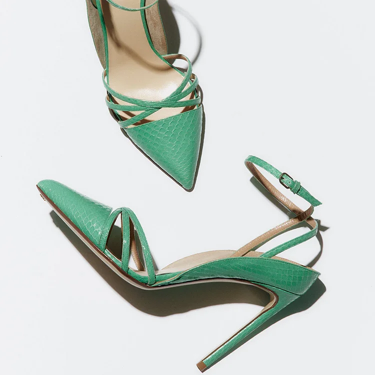 Green Ankle Strap Heels Snake Embossed Pointy Toe Cut Out Pumps Shoes |FSJ Shoes