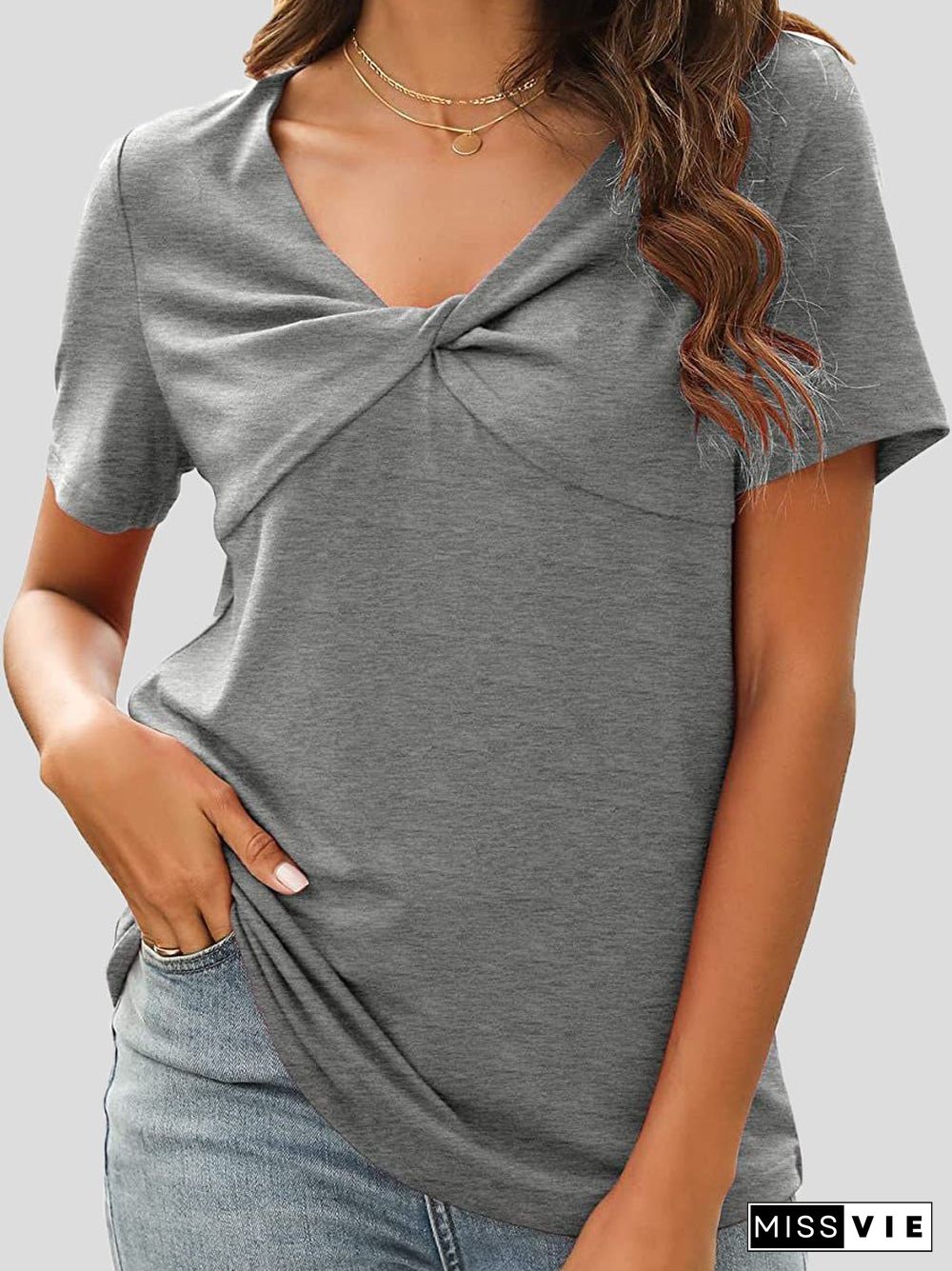 Women'S T-Shirts Solid V-Neck Cross Neck Twist Short Sleeve T-Shirt