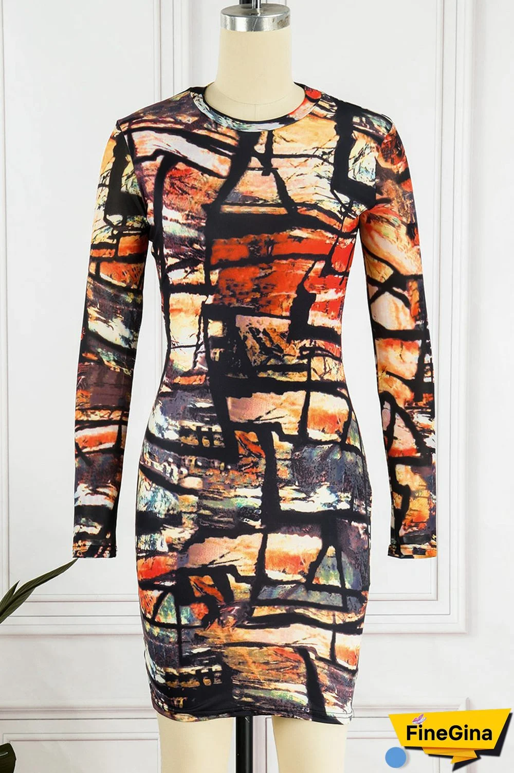 Colour Casual Print Basic O Neck Long Sleeve Dresses