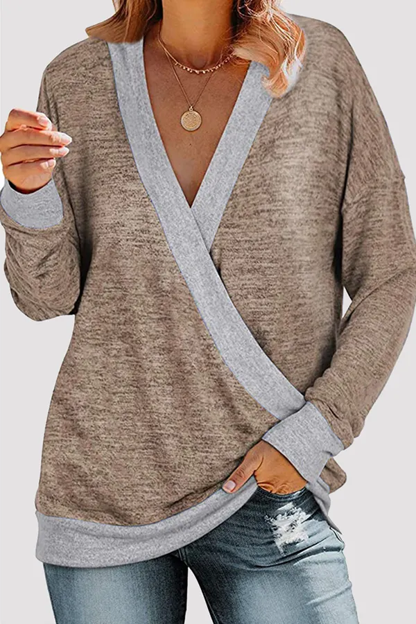 Casual Patchwork Basic Contrast V Neck Tops