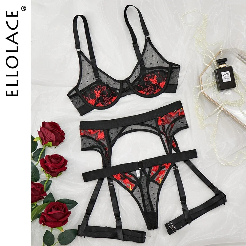 Ellolace Erotic Lingerie Embroidery Bilizna Set Lace Garters Luxury Short Skin Care Kits Transparent Bra Hot Sexy Underwear