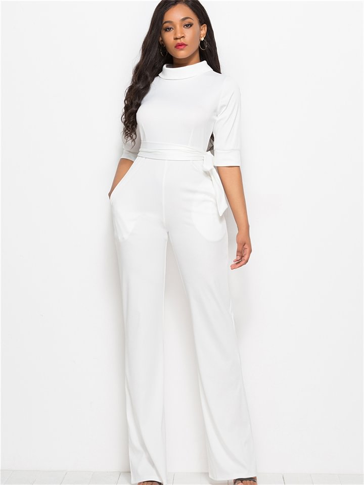 Women's  Solid Color Five-part Sleeve Stand-up Collar One-piece Wide-legged Pants -vasmok