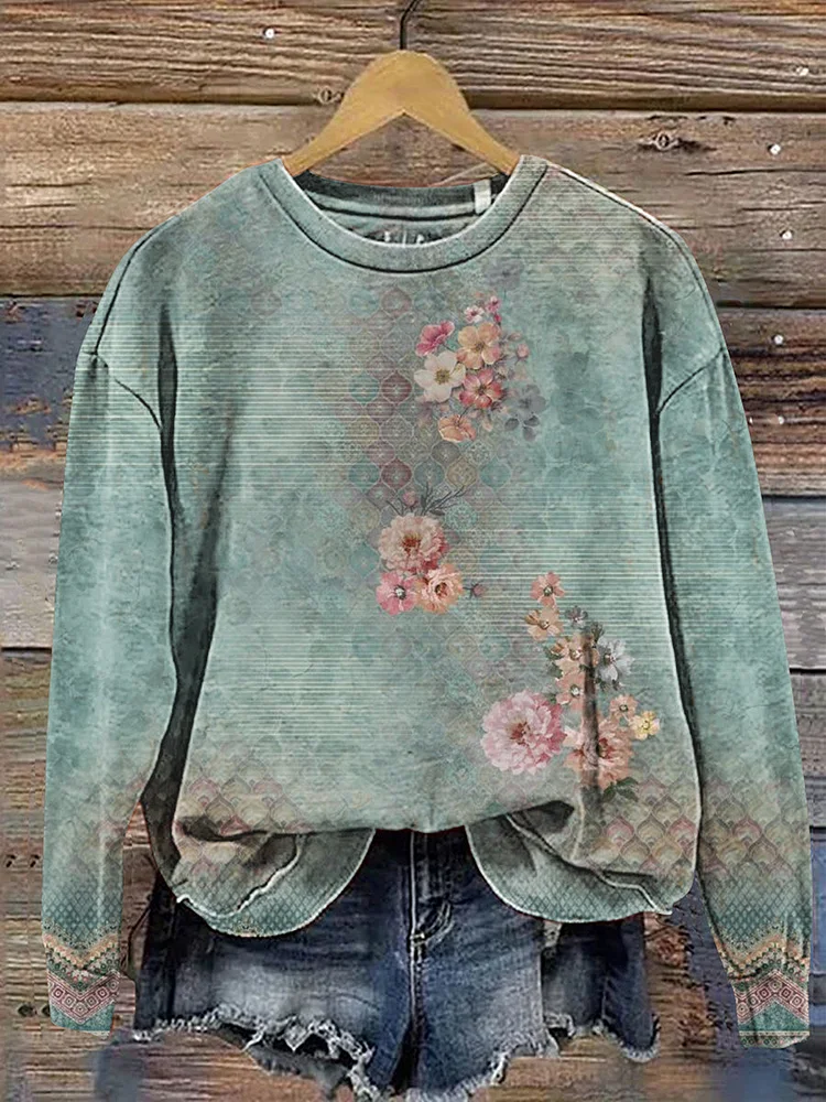 Vintage Floral Art Print Casual Cotton Sweatshirt