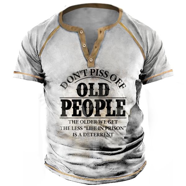 Men‘s Retro Printed Short Sleeve Round Collar Button Outdoor Henley Shirt
