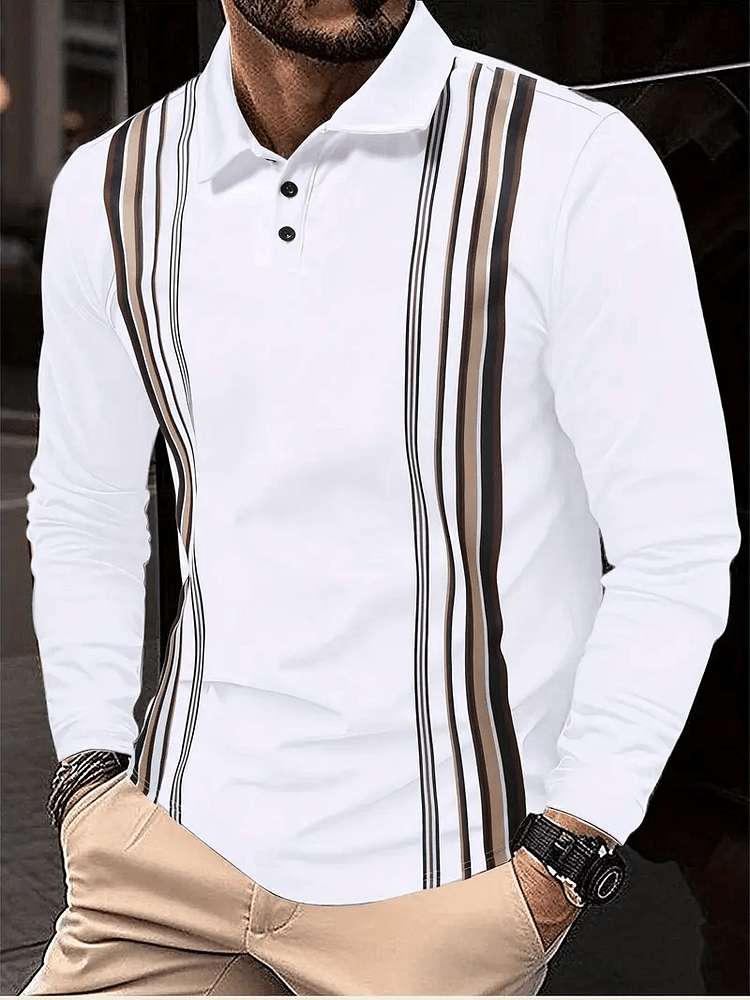 Men's Business Casual Striped Long-Sleeved Polo Shirt