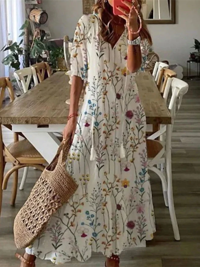 Women plus size clothing Women's Half Sleeve V-neck Graphic Floral Printed Maxi Dress-Nordswear