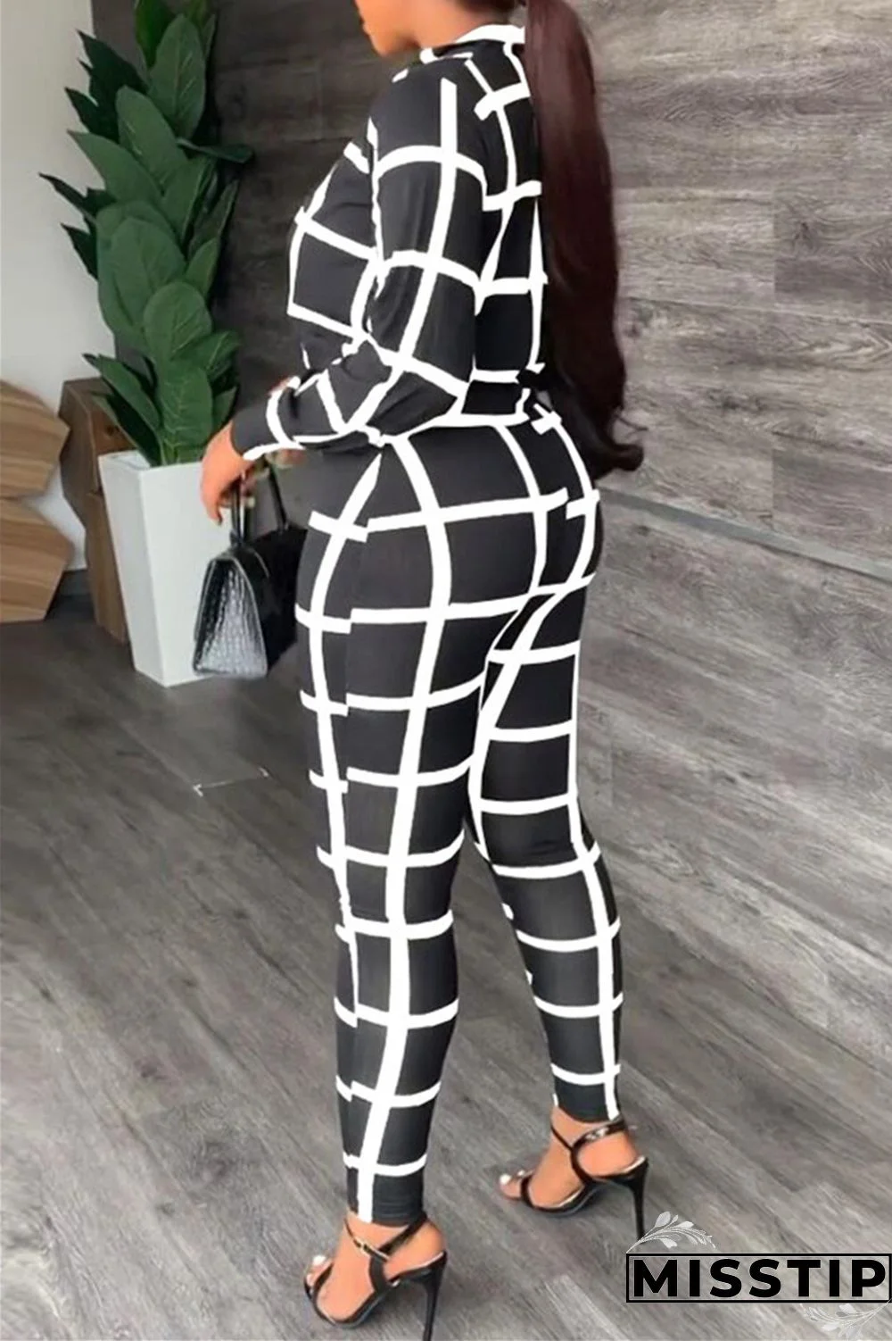 Black Casual Print Patchwork Turndown Collar Long Sleeve Three-piece Set