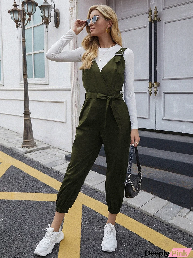 Tie Waist Surplice Neck Overall Jumpsuit