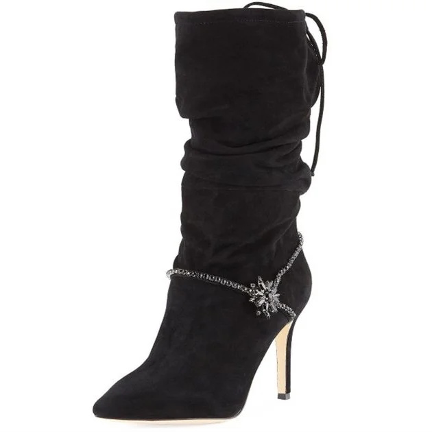 Black Vegan Suede Slouch Boots Rhinestone Pointy Toe Stiletto Mid Calf Boots |FSJ Shoes