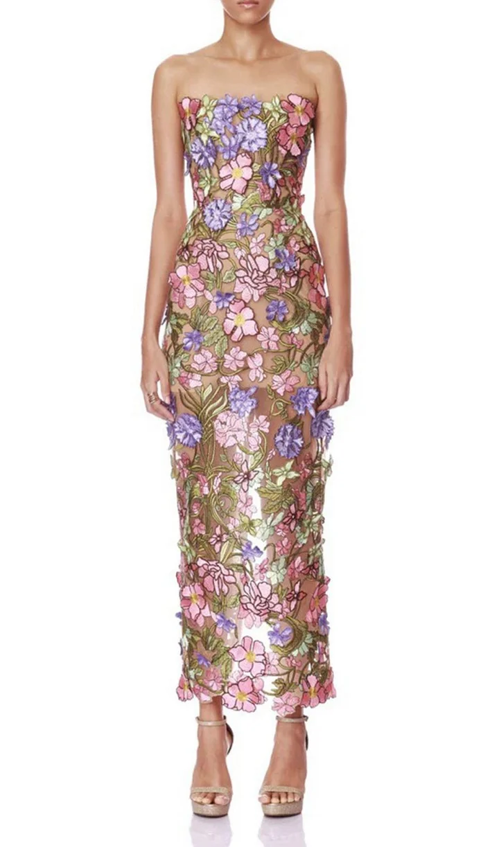 caspar leafy embroidered dress Caspar Leafy Embroidered Dress White Tall