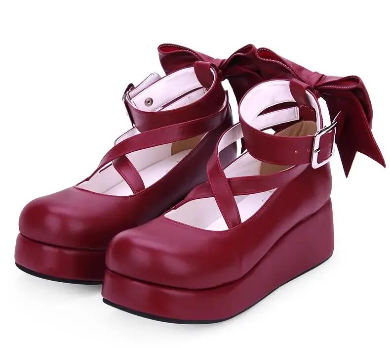 VCshoesWoman Mori Girl Lolita Cosplay Shoes Lady Mid Heels Pumps Wedges Women Princess Dress Party Shoes Big Bowtie 5cm
