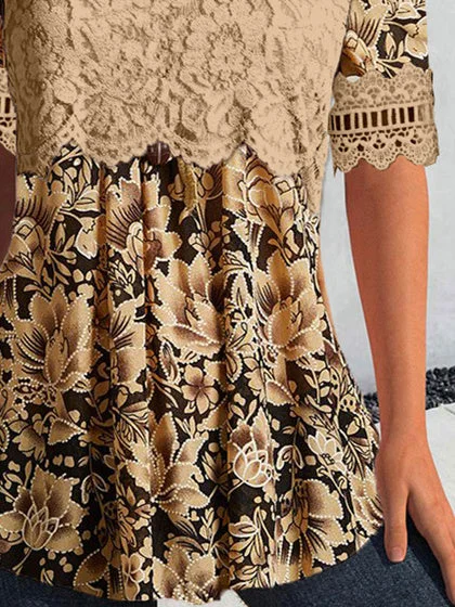 Women's Short Sleeve Scoop Neck Lace Stitching Graphic Top