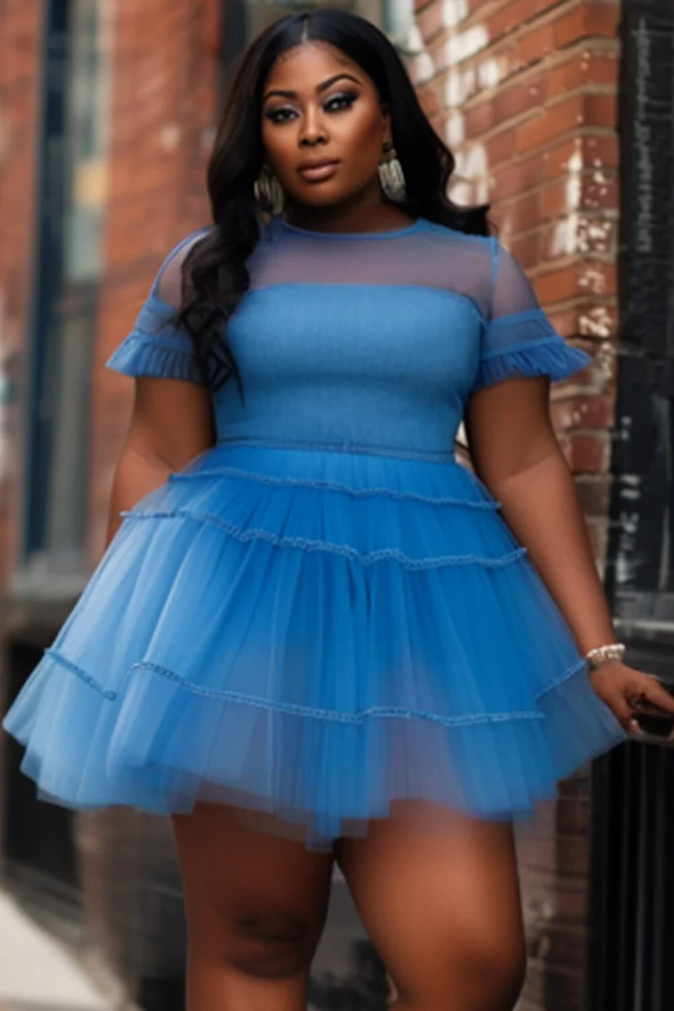 Xpluswear Design Plus Size Vacation Tulle Blue Casual Round Neck Short Sleeve Contrast See Through Tencel Denim Mini Dresses [Pre-Order] 2024 - Xpluswear
