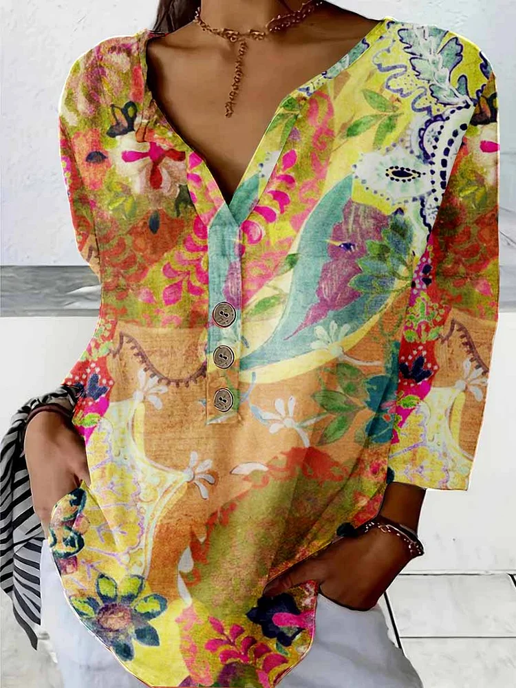 Womens  Art Pattern Cotton And Linen Shirt