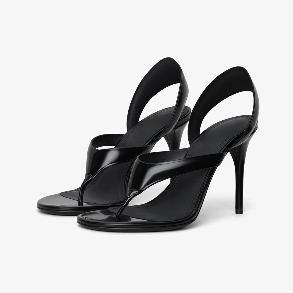 Patent Leather Open Toe Slingback Flip Flop Black Heels Sandals