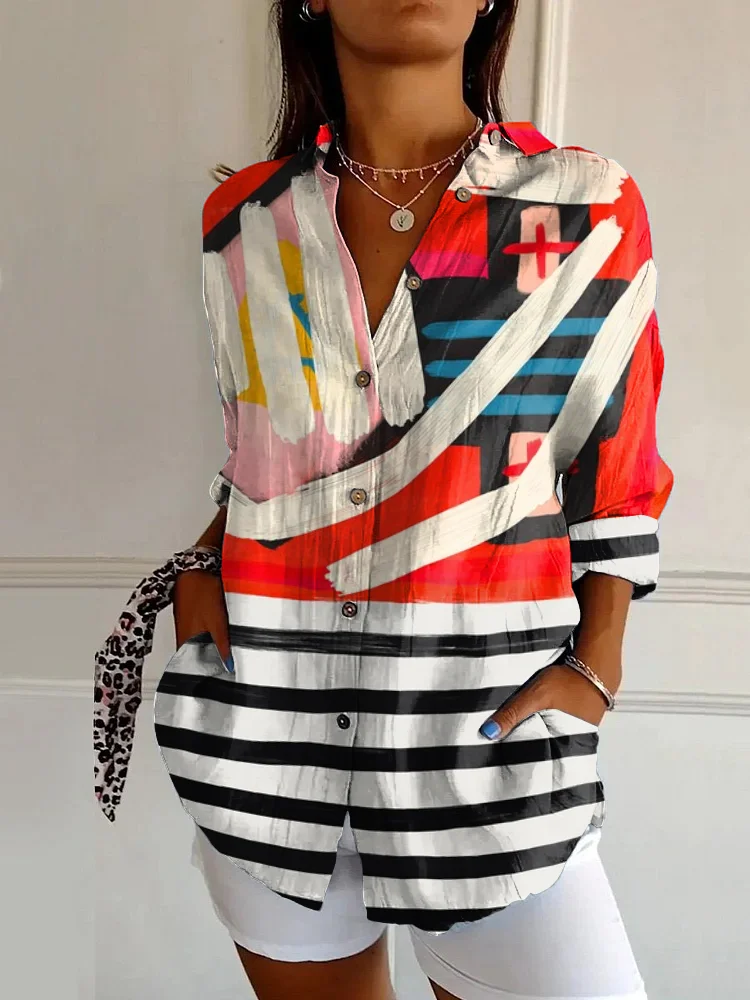 Vintage Abstract Art Stripe Print Casual Long Sleeve Shirt