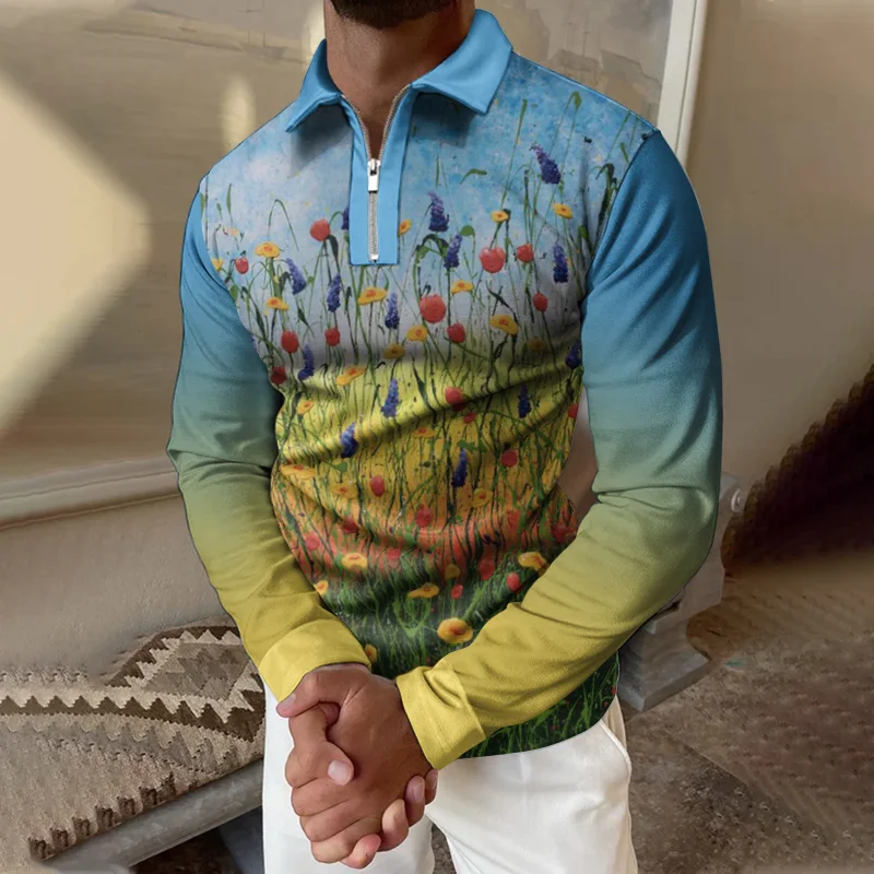 Men'S Flower Oil Painting Gradient Color Long Sleeve Polo Shirt