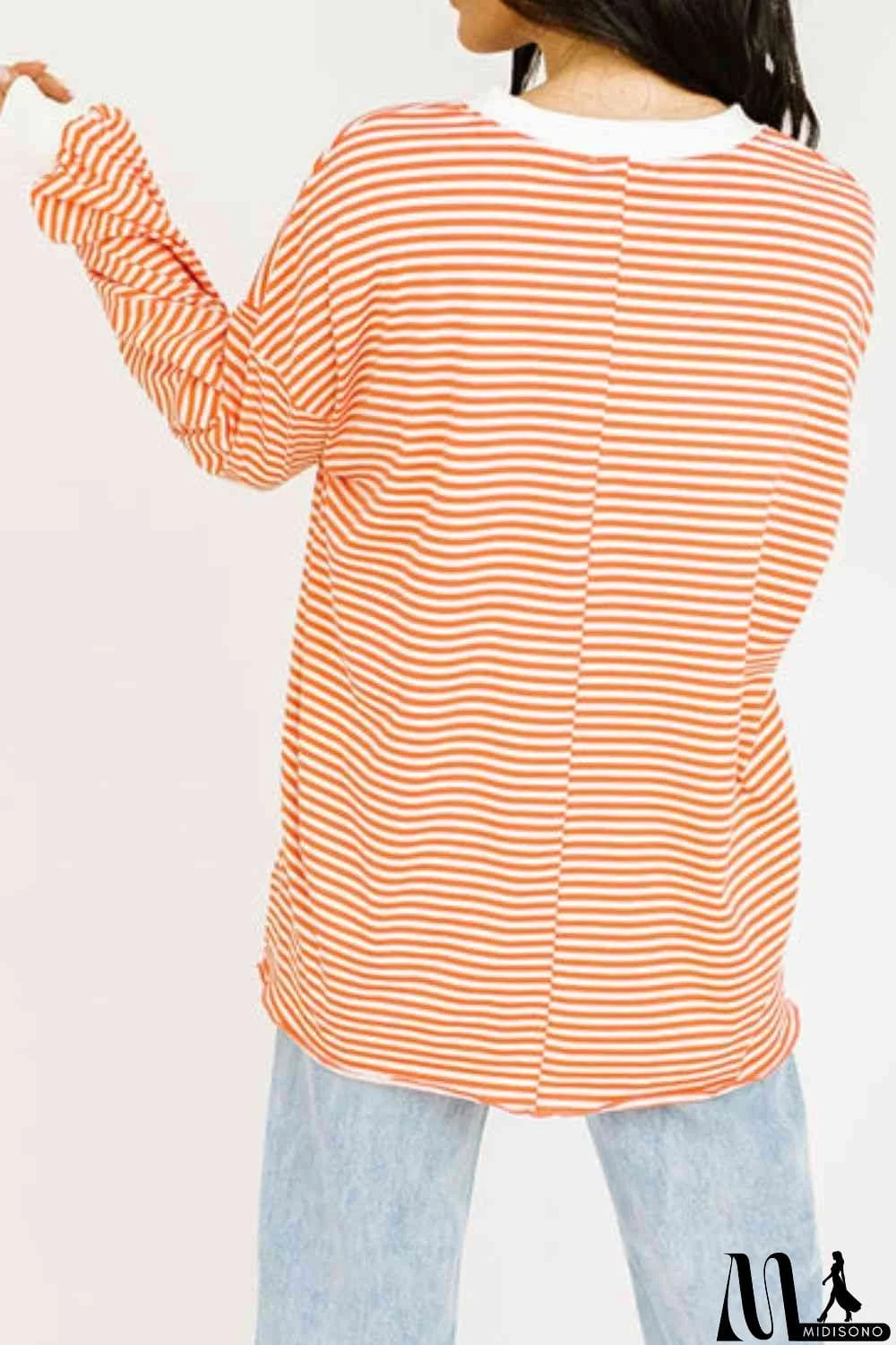 MidiSono - Striped Round Neck Long Sleeve Sweatshirt