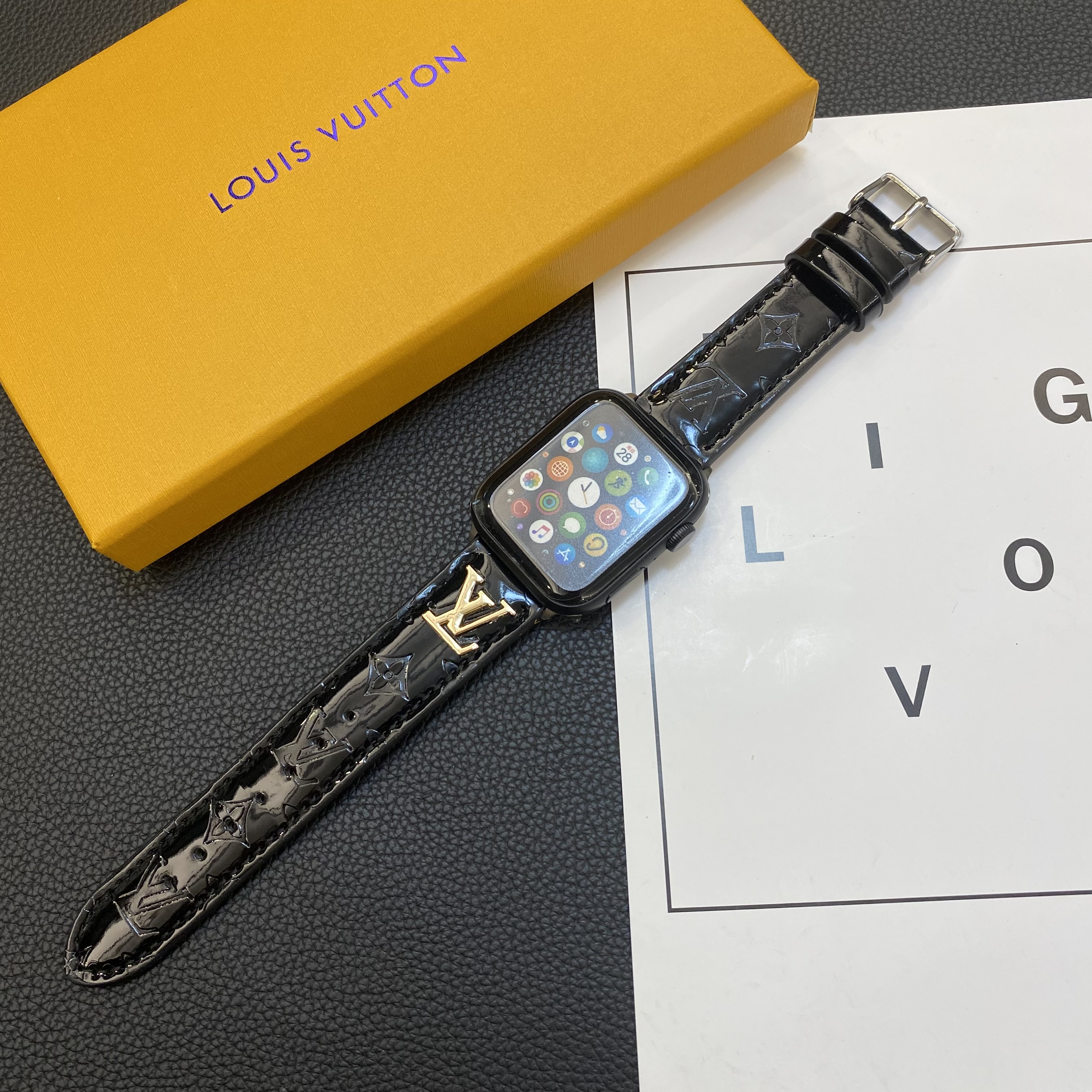 LV Glossy Leather Apple Watch Strap Luxury Metal Logo