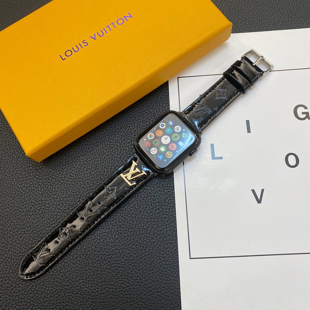 LV Glossy Leather Apple Watch Strap Luxury Metal Logo